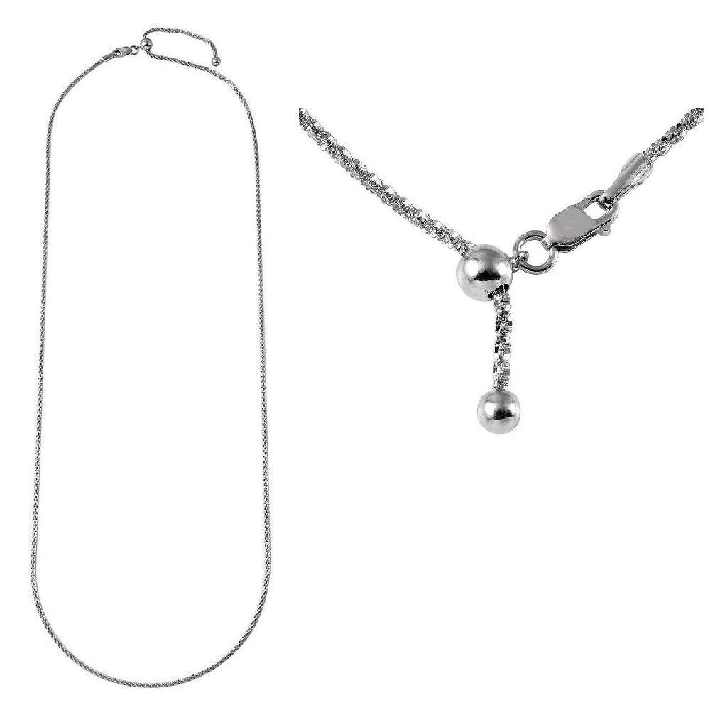 24″ Sterling Silver Adjustable 2 mm Sparkle Rock Slider Chain Necklace w/ Bead