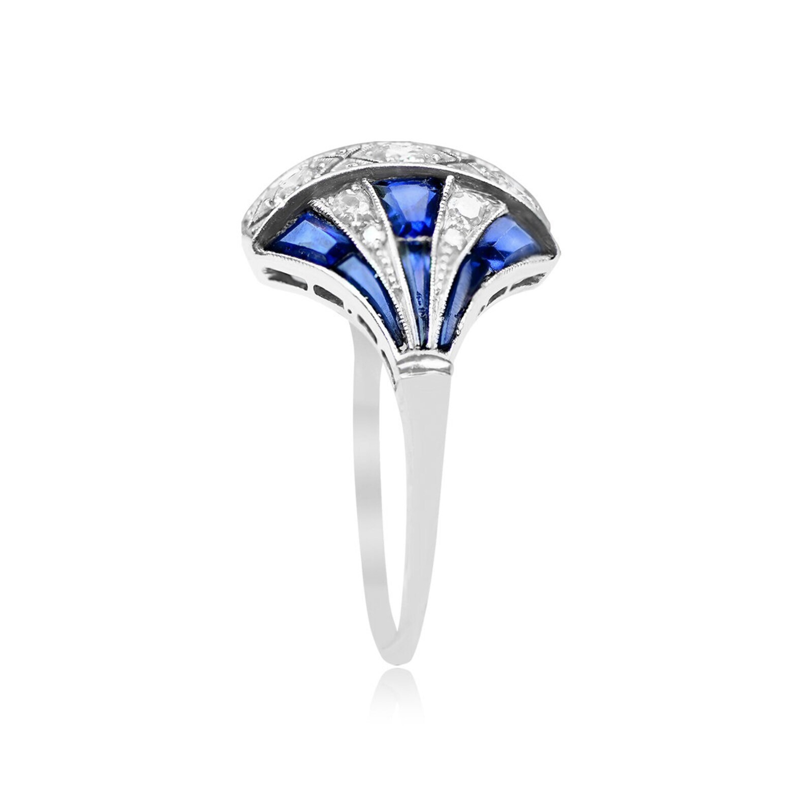 14K White Gold FN Art Deco Style Lab Created Diamond & Sapphire Engagement Ring