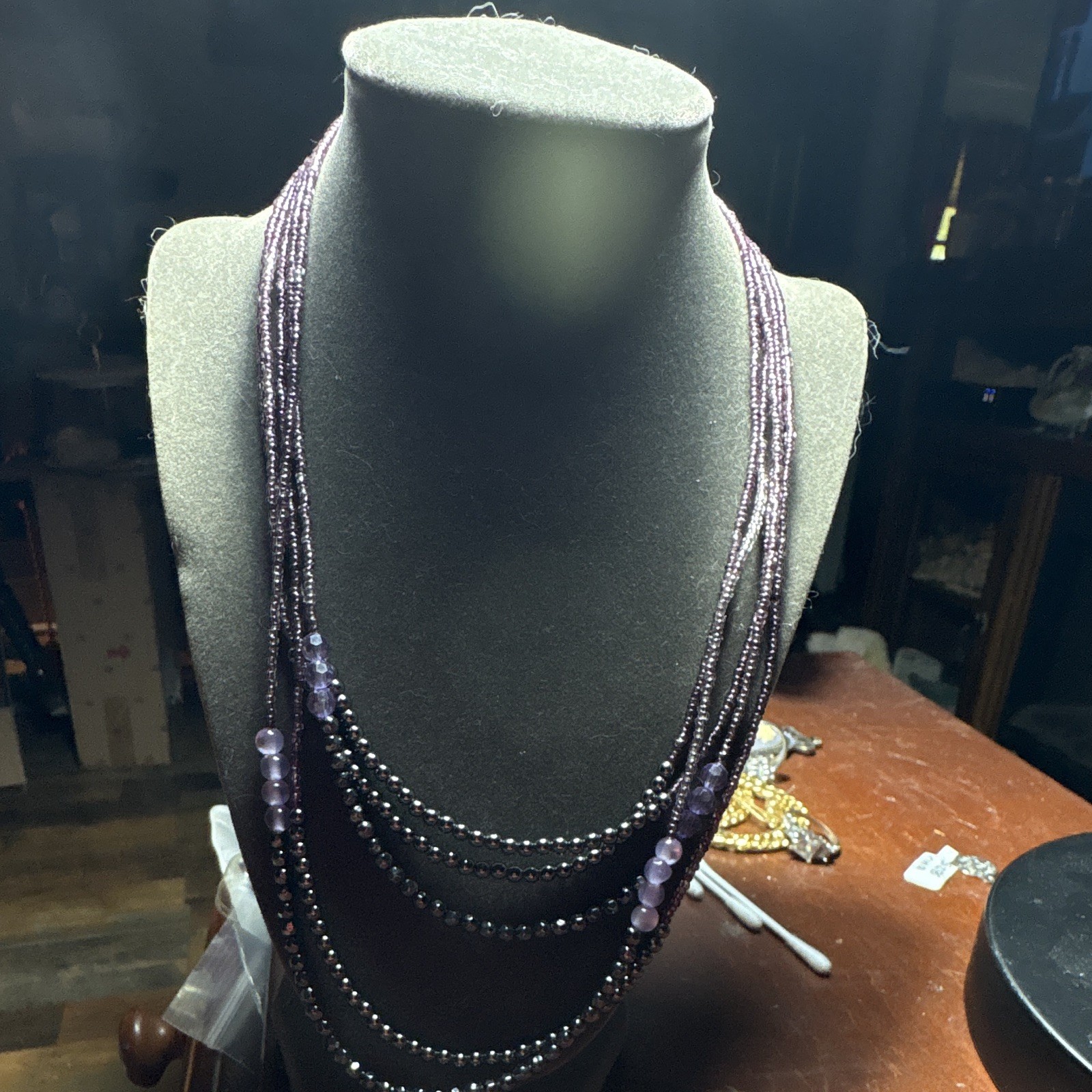 20” 5 Strand Purple Seed Brad, Lavender Acyrlic, and Black Bead Necklace.