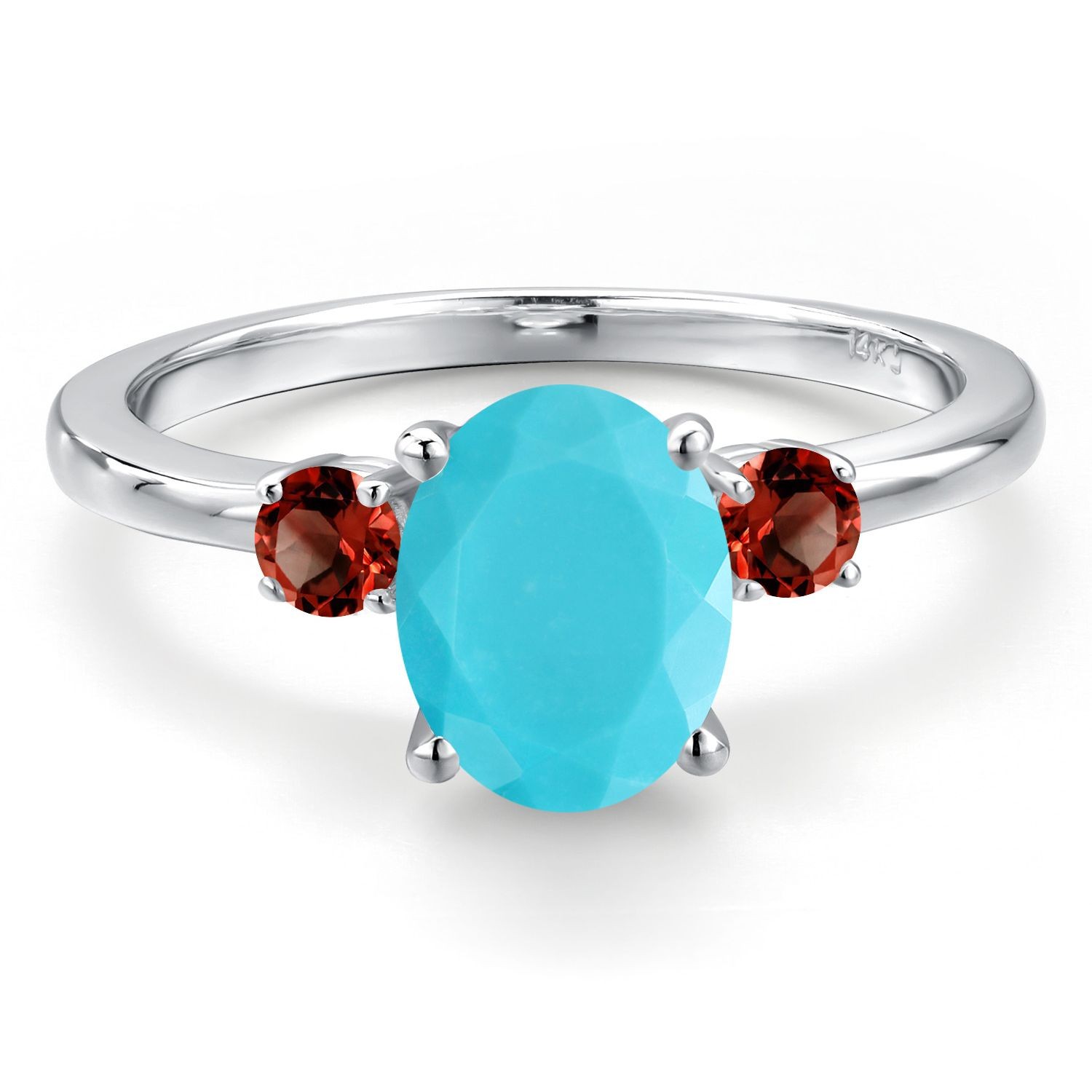 1.80 Ct Oval Green Turquoise Red Garnet 14K White Gold Ring