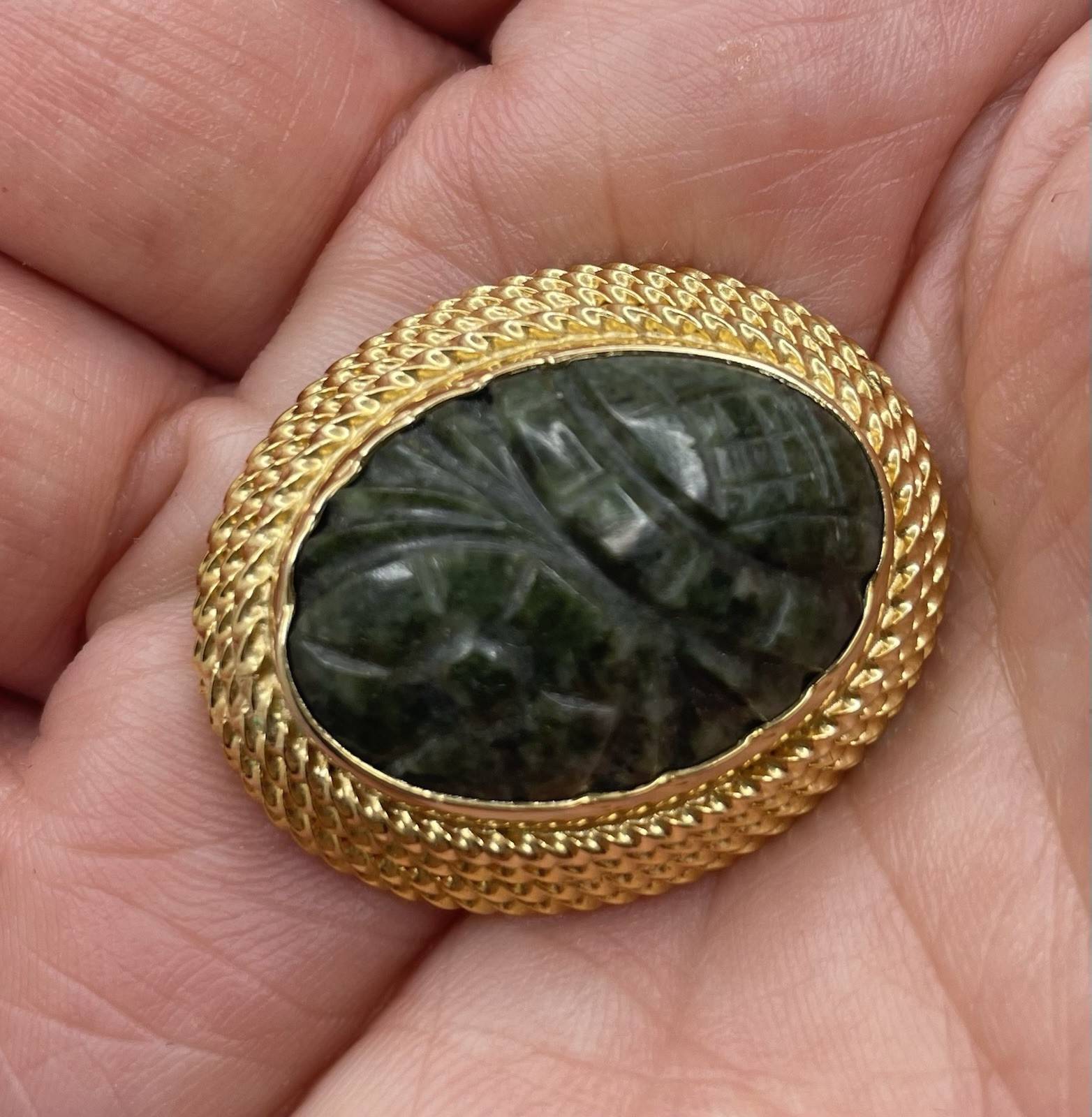 Vintage Burt Cassell Brooch Clip Earrings 12K Gold Filled Carved Green Stone