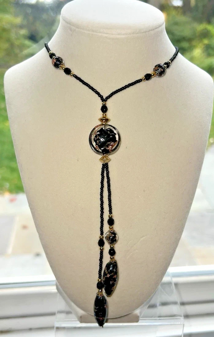 Vintage Venetian Murano Art Glass Beaded Black and Gold Necklace 18″ LARIAT