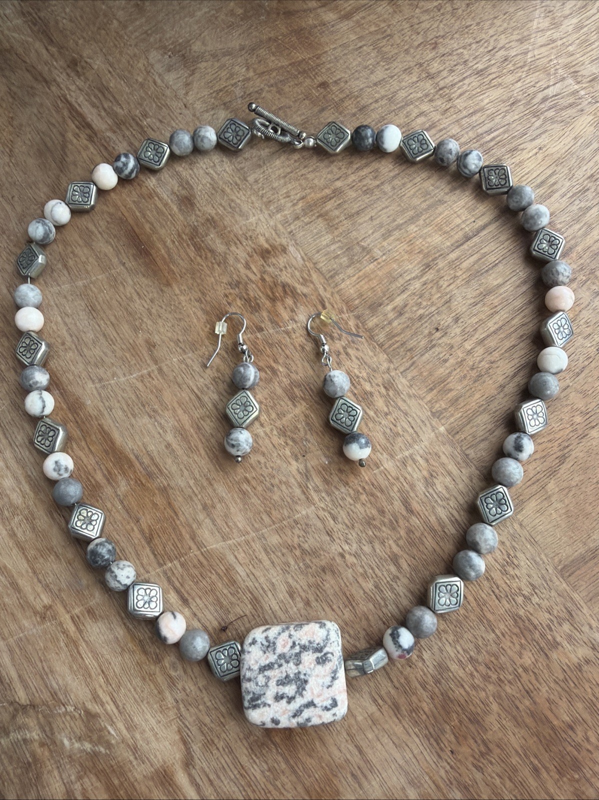 Stone And Bead Necklace And Earring Set Silver, Light Pink And Gray