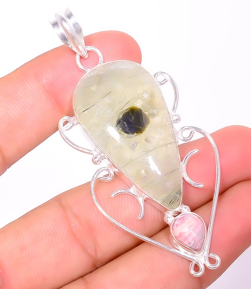 Natural Moss Prehnite & Rhodochrosite 925 Silver Plated Pendant 2.93″ P094-267