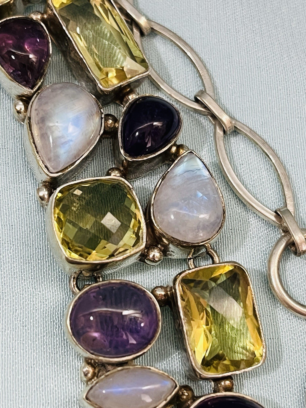 Sterling Silver Multi-gem Moonstone Tourmaline Amethyst Necklace Healing 96 Gram