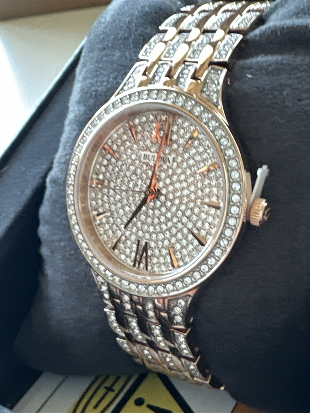 Bulova Quartz Women’s Pave Dial Crystals Rose Gold Watch 32mm 98L235