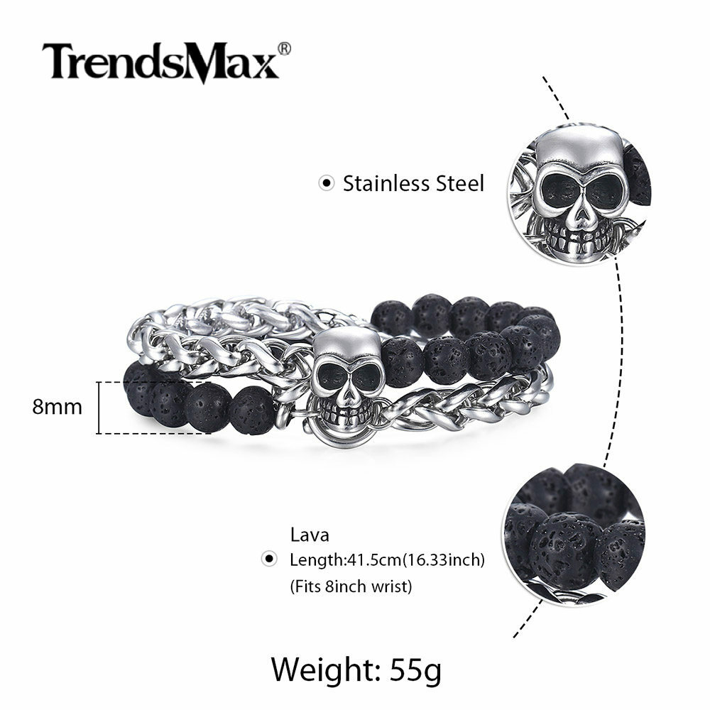 8mm Stainless Steel Skull Charm Wheat Link Bracelet Black Lava Rock Beaded Chain