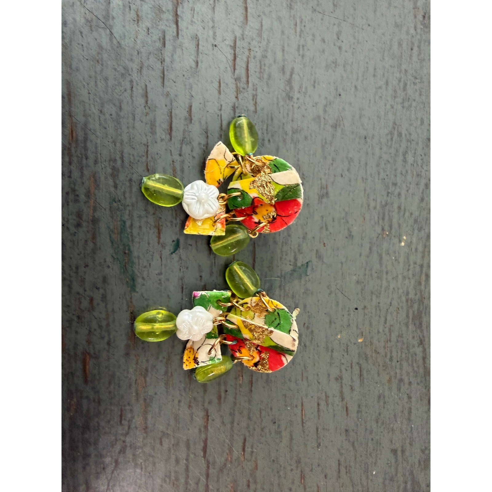 Vintage Mixed Media Floral Drop Earrings Green Gold Foil Bohemian Post Backs