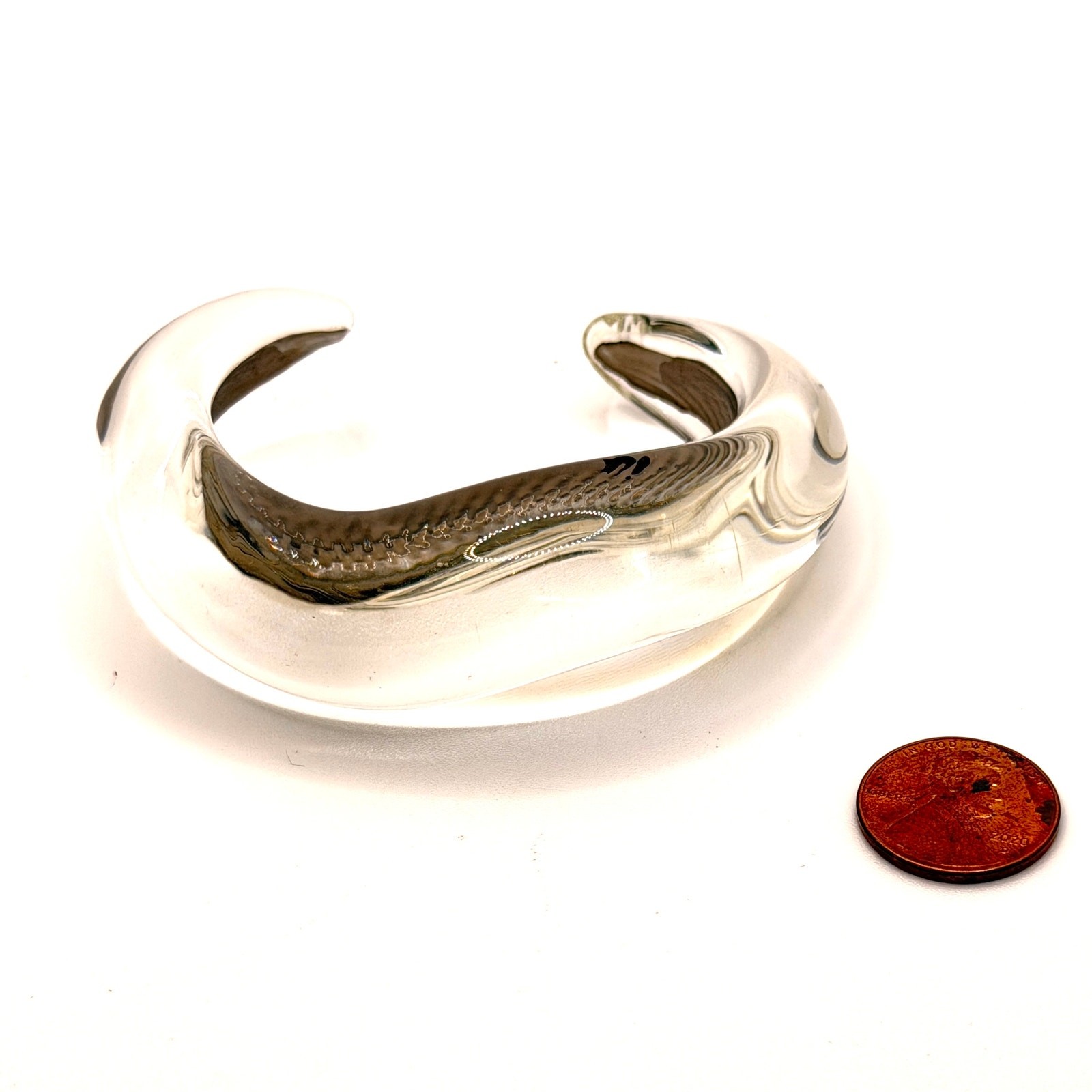 Vintage 90s Handblown Sculptural Clear Glass Black Swirl Statement Cuff Bracelet