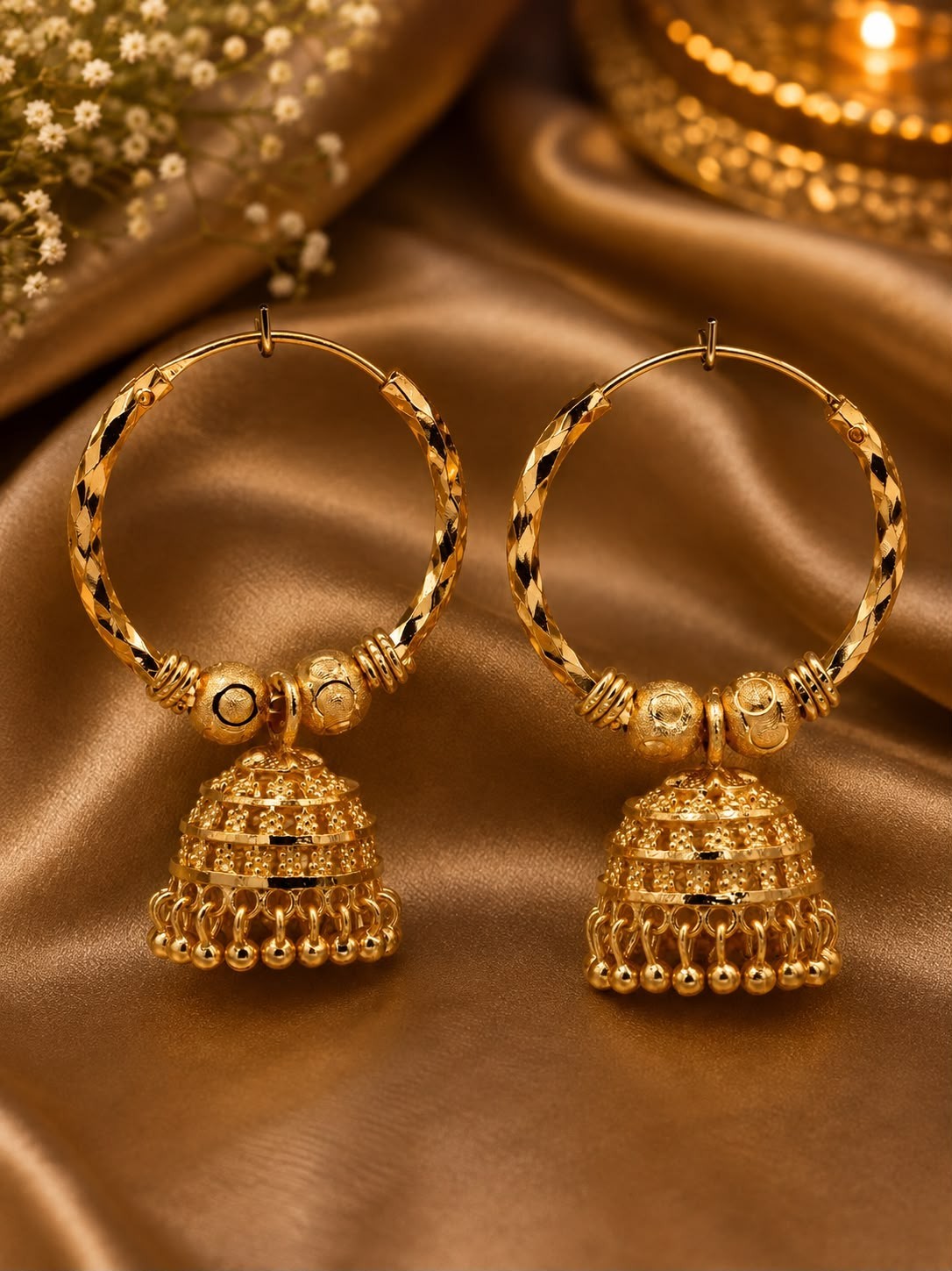 18k Gold Plated Jhumka Earrings, Brass, Art Deco Style,