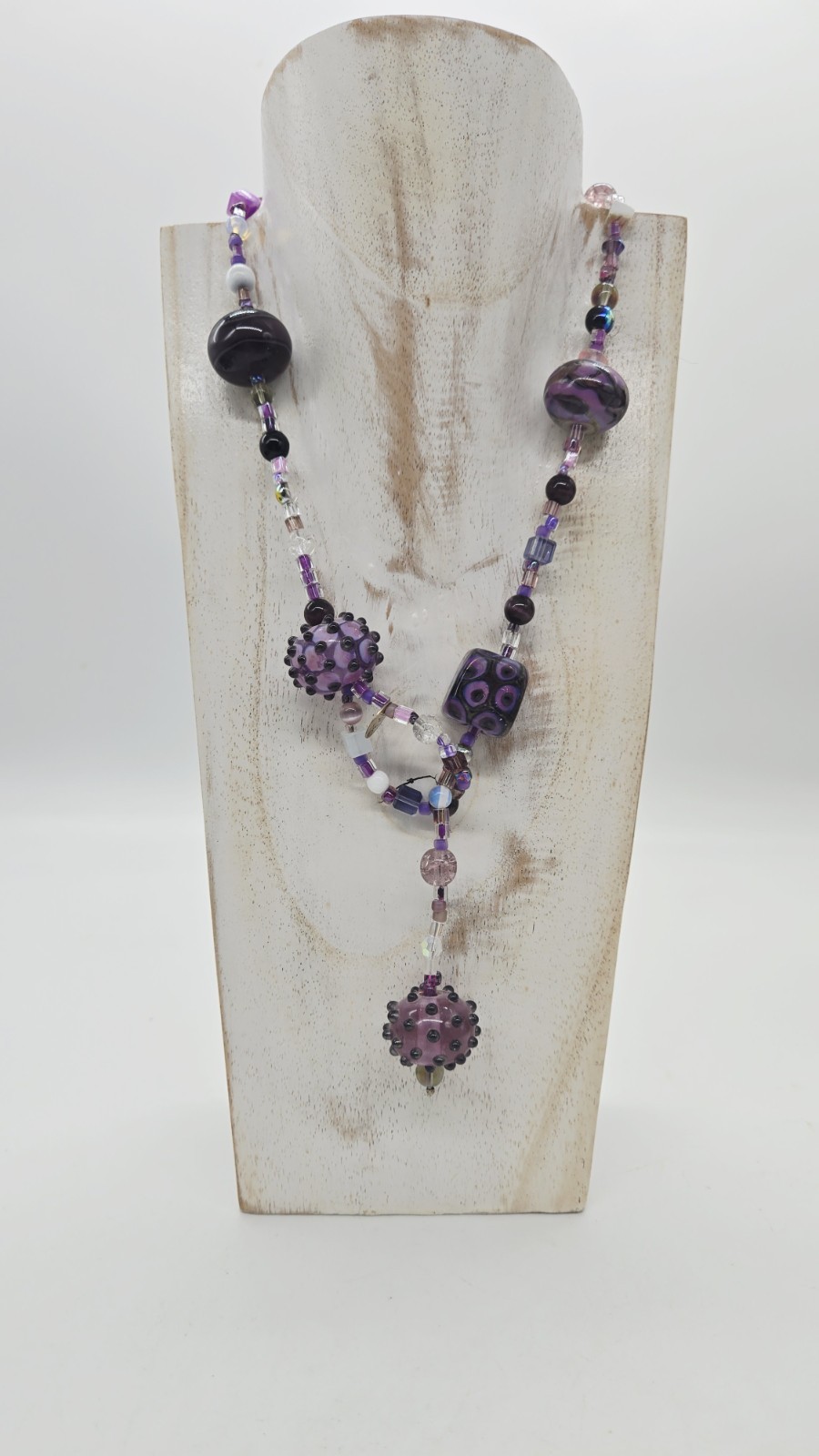 Purple Glass Necklace Bold Art Chunky Bead Statement Shades of Purple 21 in