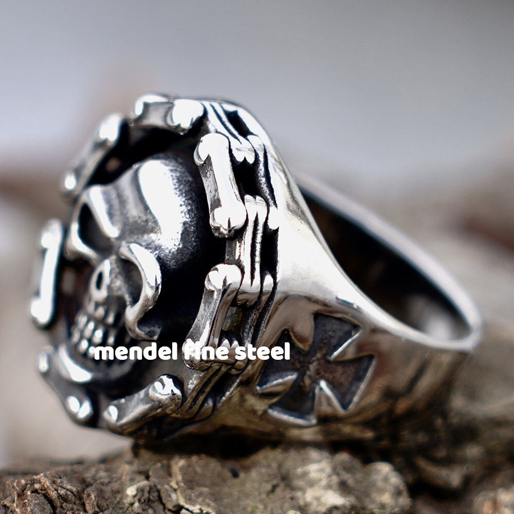 MENDEL Mens Stainless Steel Gothic Biker Chain Link Skull Cross Ring Size 7 8-15