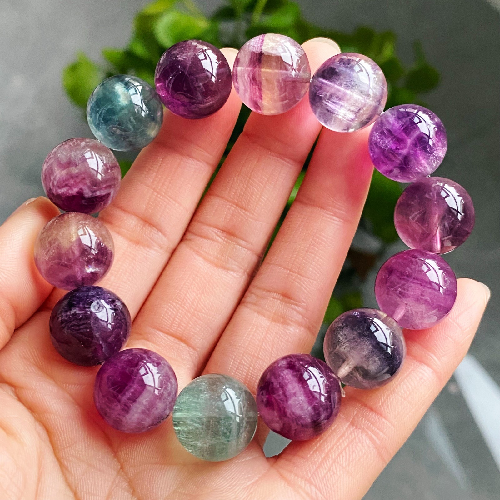 14.7mm Natural Color Fluorite Quartz Crystal Gemstone Beads Bracelet 2944