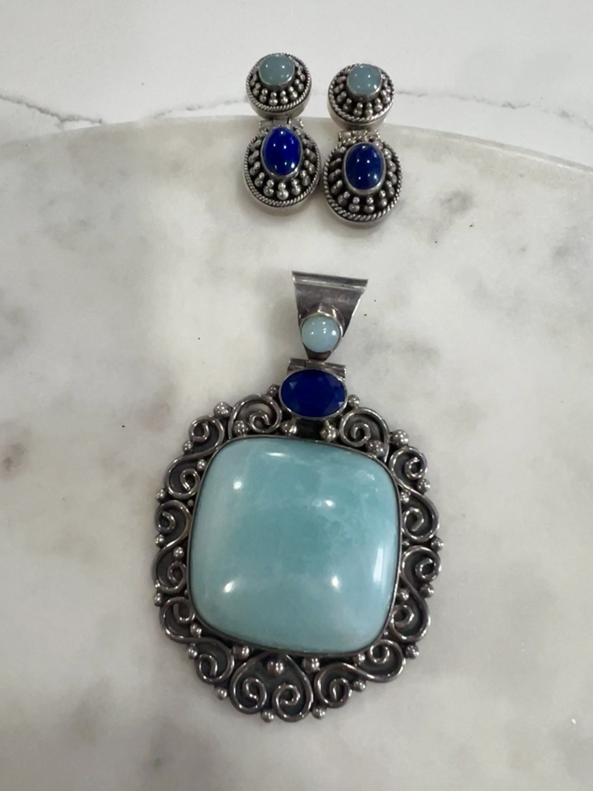 Suarti Bali 925 Sterling Silver Chalcedony Lapis Lazuli Pendant Earrings Set