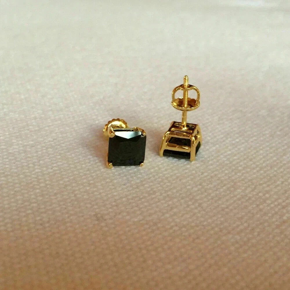 3TCW Princess Cut Black Lab Created Diamond Stud Earrings 14K Yellow Gold Plated