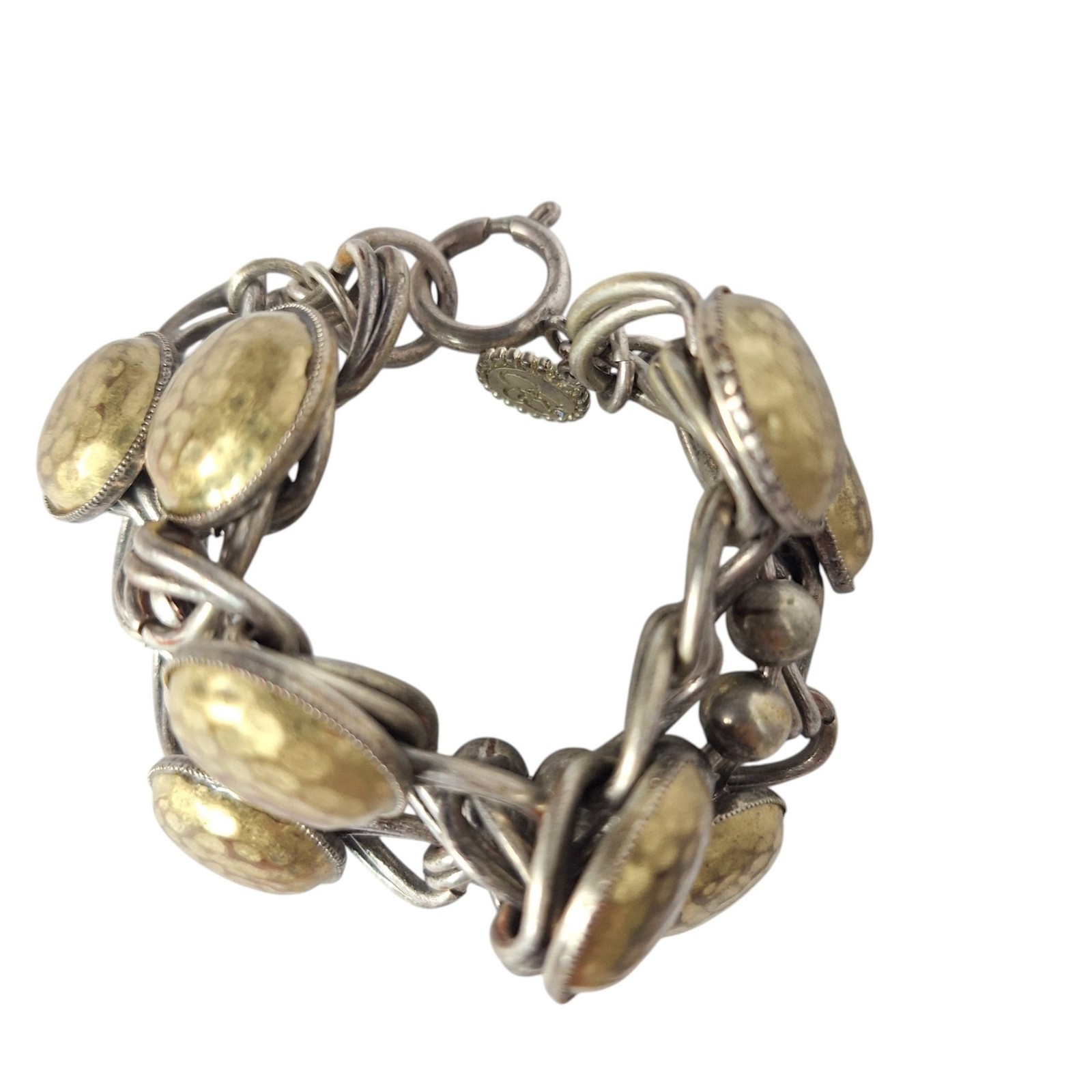 Jessica Simpson Silver Gold Hammered Cabochon Link Statement Bracelet Boho