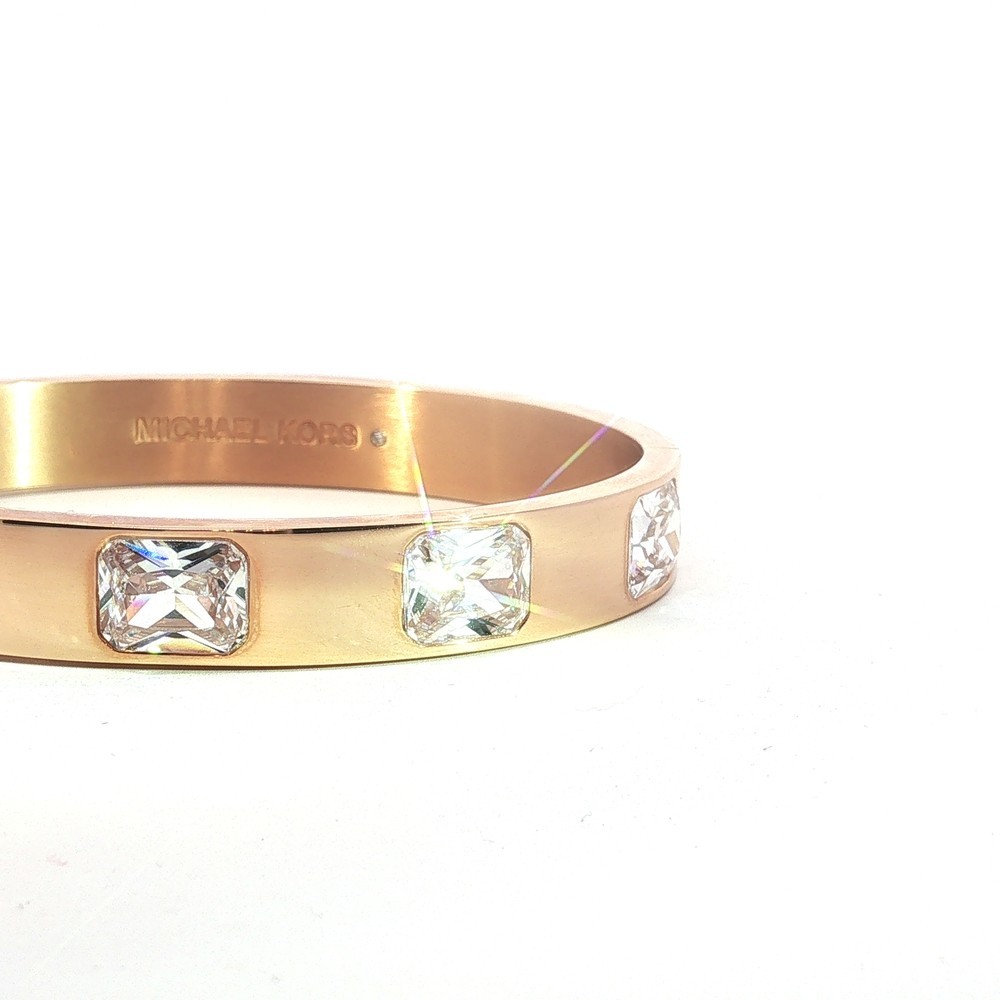 NWT Michael Kors Rose Gold Tone Crystal Bangle Bracelet Hinged MK Logo Gift