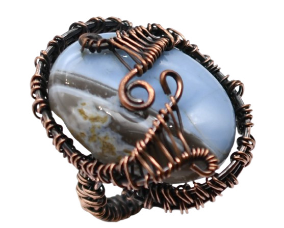 Blue Opal Natural Gemstone Copper Wire-Wrapped Ring US Size-7 A 555