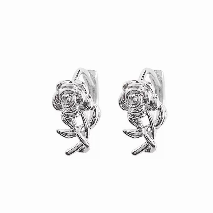925 Silver Rose Flower Huggie Hoop Earrings Dainty 8mm Small Floral Hoops B71