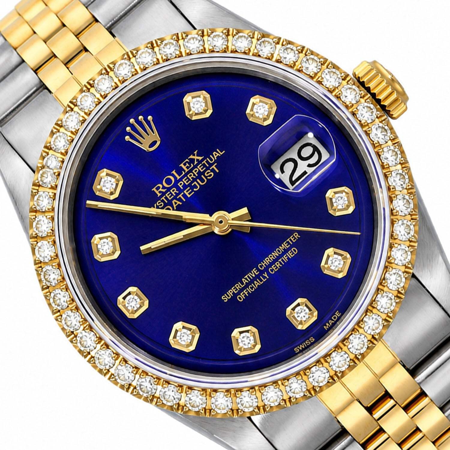 36mm Rolex Datejust 1601 Jubilee Deep Blue Dial 3.30Ct Diamond Bezel Watch