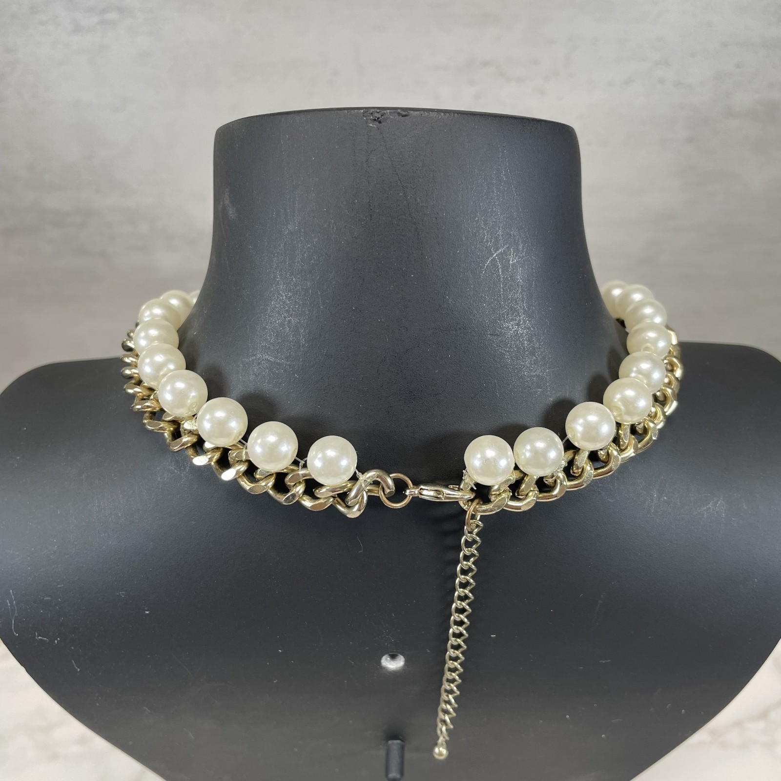 Gold Tone Faux Pearl Curb Chain Choker Necklace Chunky Statement Collar 14″