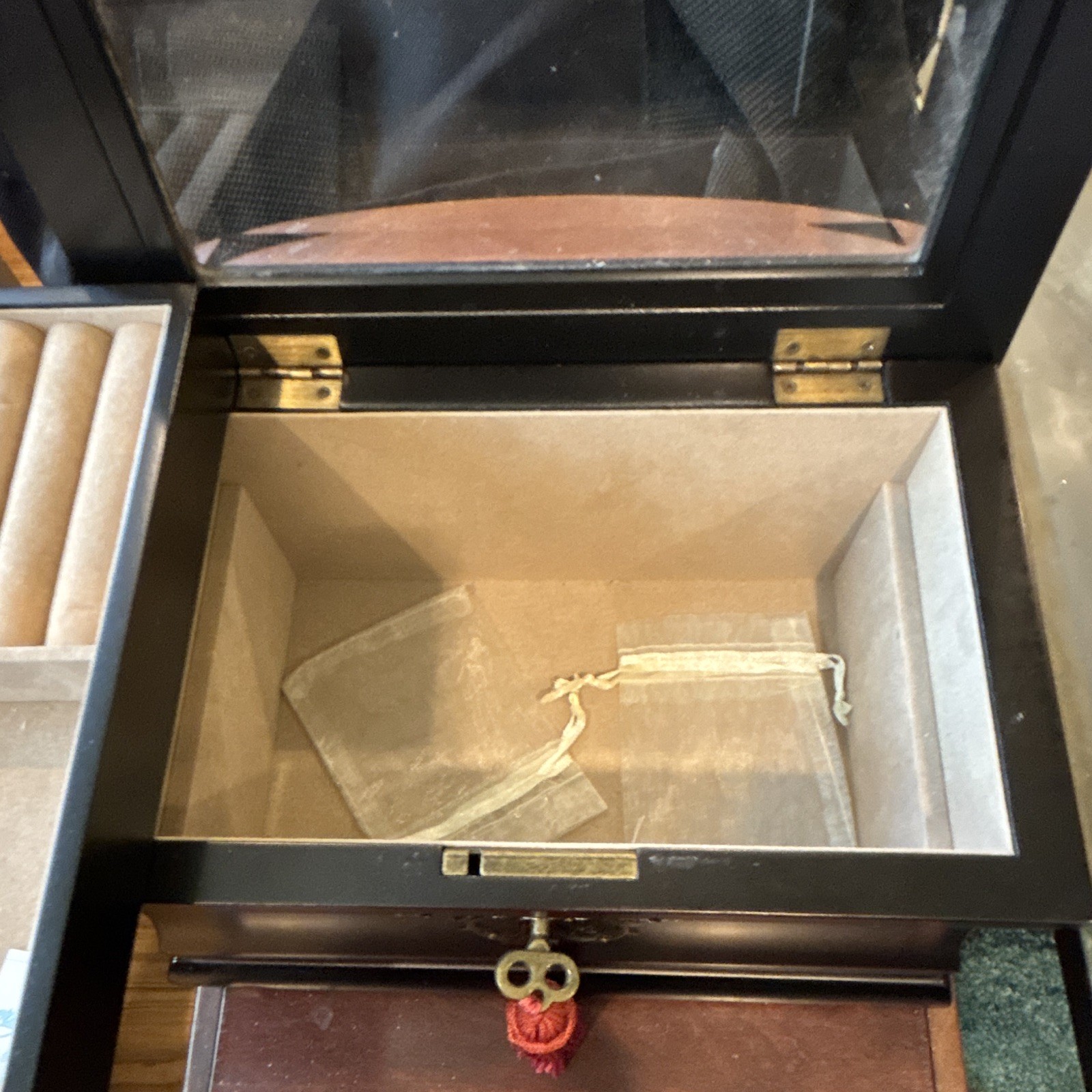 Black Wood Jewelry Box w/ Glass Lid, Lockable Key, Drawer, Velvet Lined