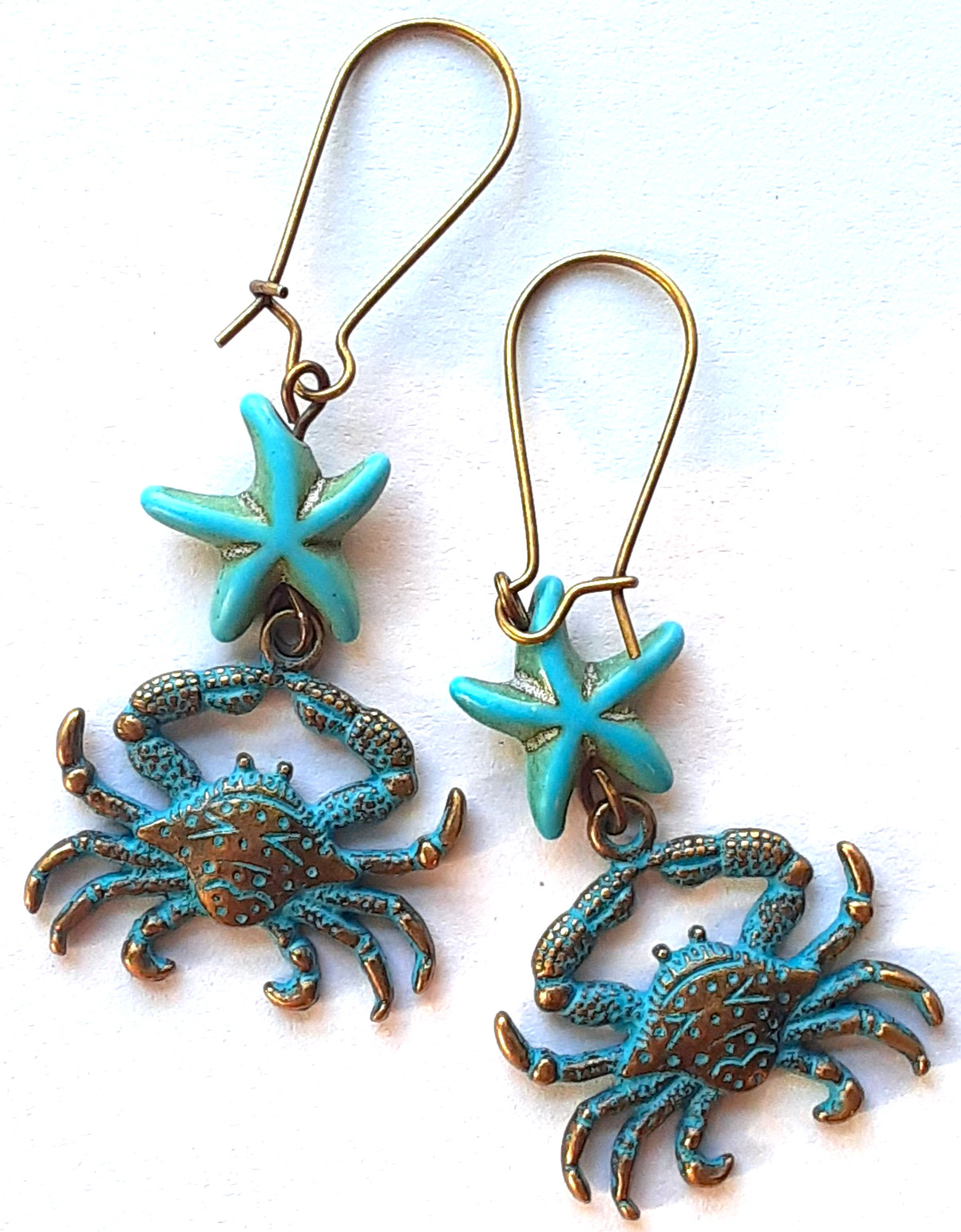 BLUE PATINA CRAB shape HOWLITE earring BRONZE KIDNEY WIRE handcrafted ACTA