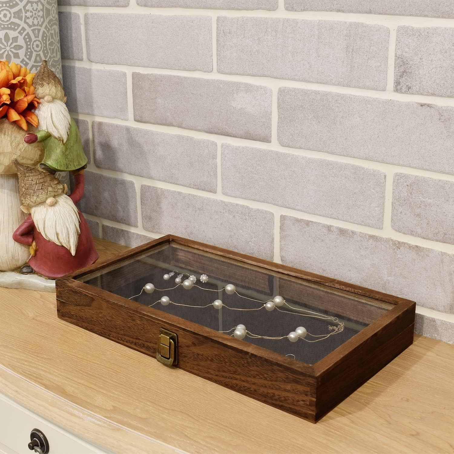 Elegant Antique Wood Jewelry Display Case with Tempered Glass Top & Velvet Pad