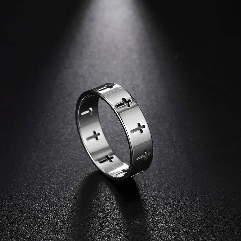 Cross Cut Out Stainless Steel Ring Men Women Christian Band Gold Silver Black