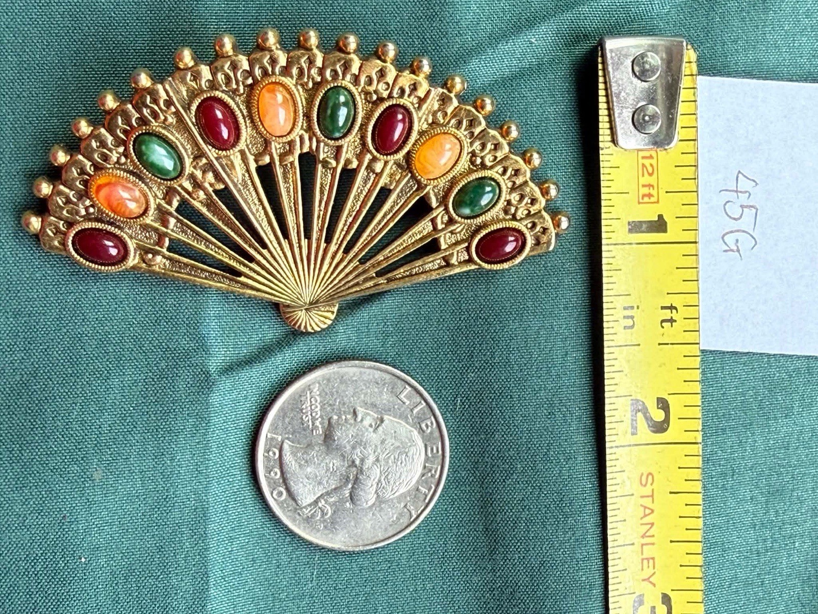 Vintage 1928 Jewelry Gold Tone Green Red Yellow Cabochon Fan Brooch Pin