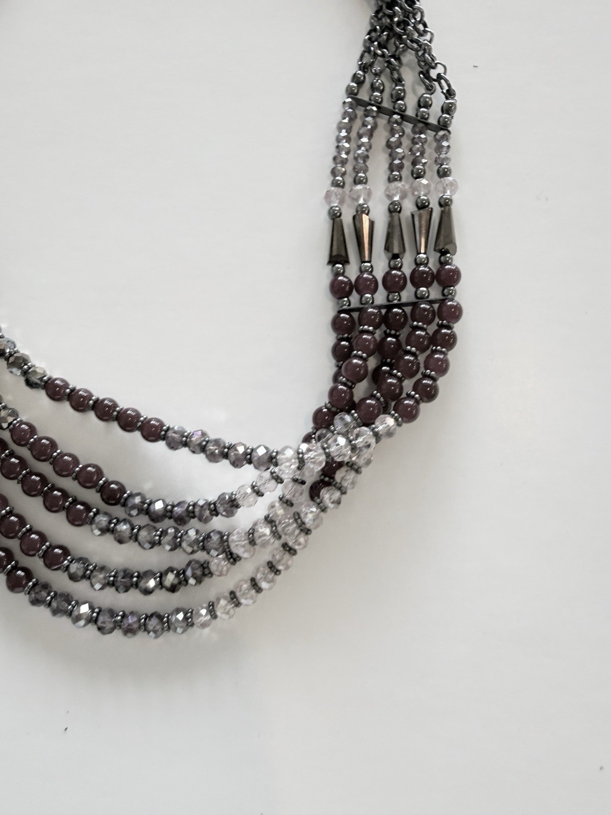 Silver Tone Purple Glass Beaded Multi-Strand Layered Necklace Lobster Adjustable