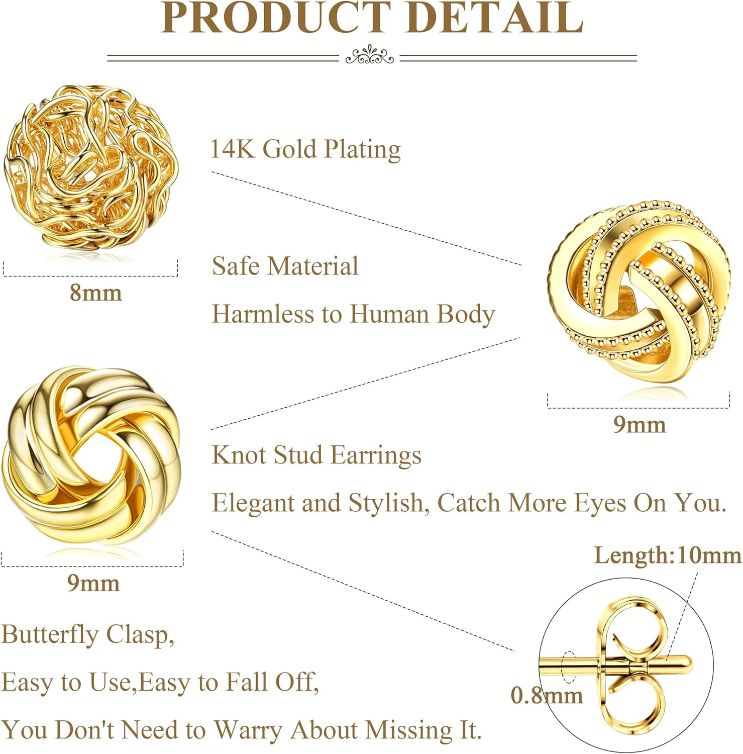3 Pairs 14K Gold Plated Knot Earrings for Women Hypoallergenic Small Stud Earrin