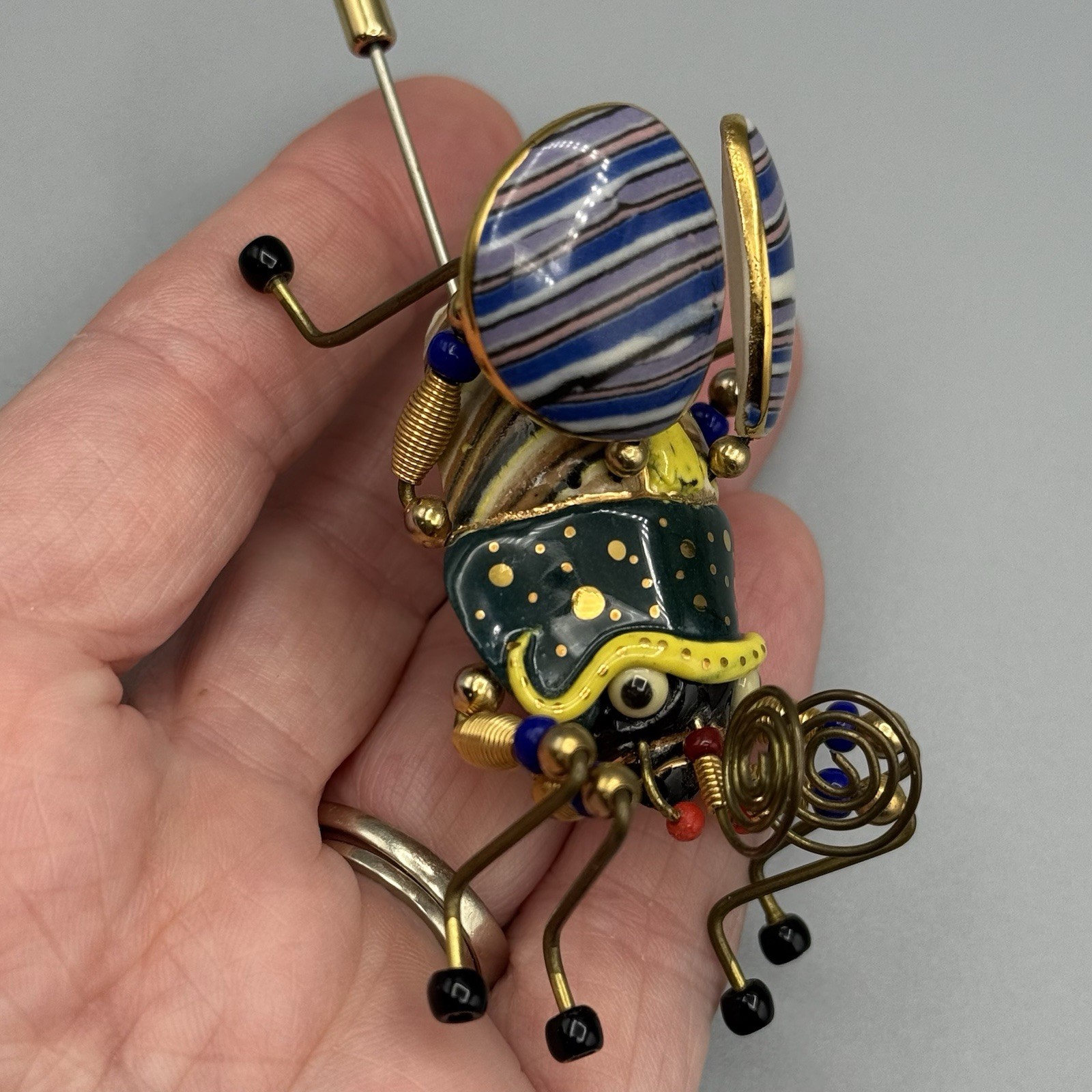 Cynthia Chuang Jewelry 10 Bee Beetle Pin 3″ Porcelain Glass Metal Whimsy Unique