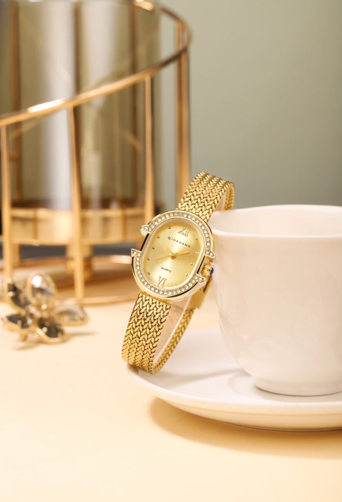 Giordano Women’s Green Dial Quartz Watch Gold Tone Crystal Bezel Stainless Steel