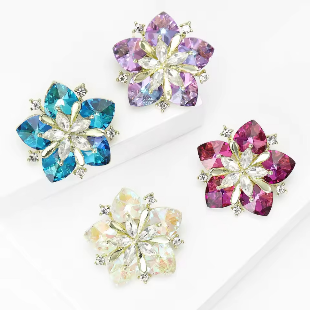 Purple Crystal Flower Brooch Gold Tone Pin Rhinestone Plant Summer Jewelry Gift