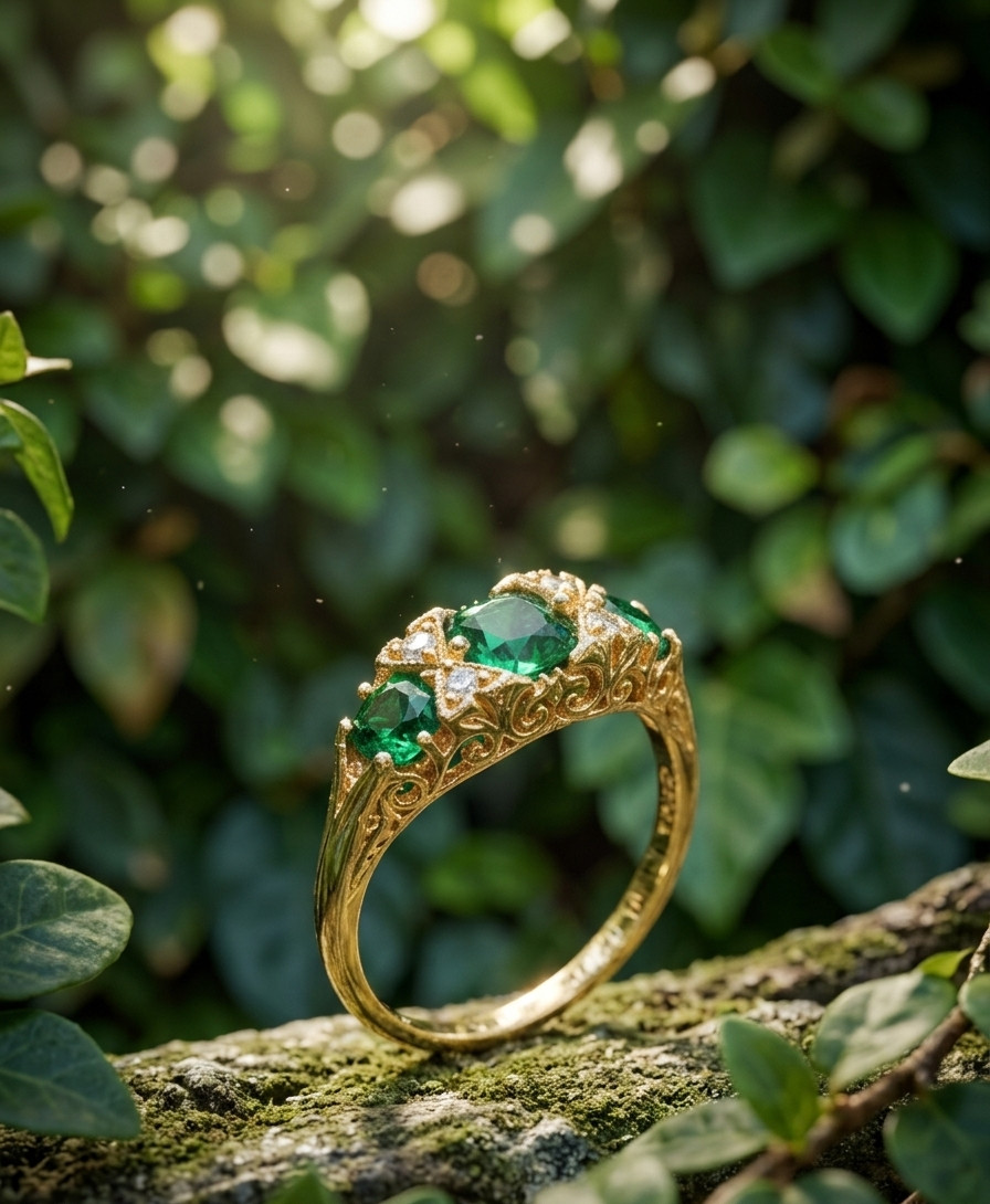 Emerald Natural Emerald & Diamond Wedding Gift Ring 14k Yellow Gold(Import Free)