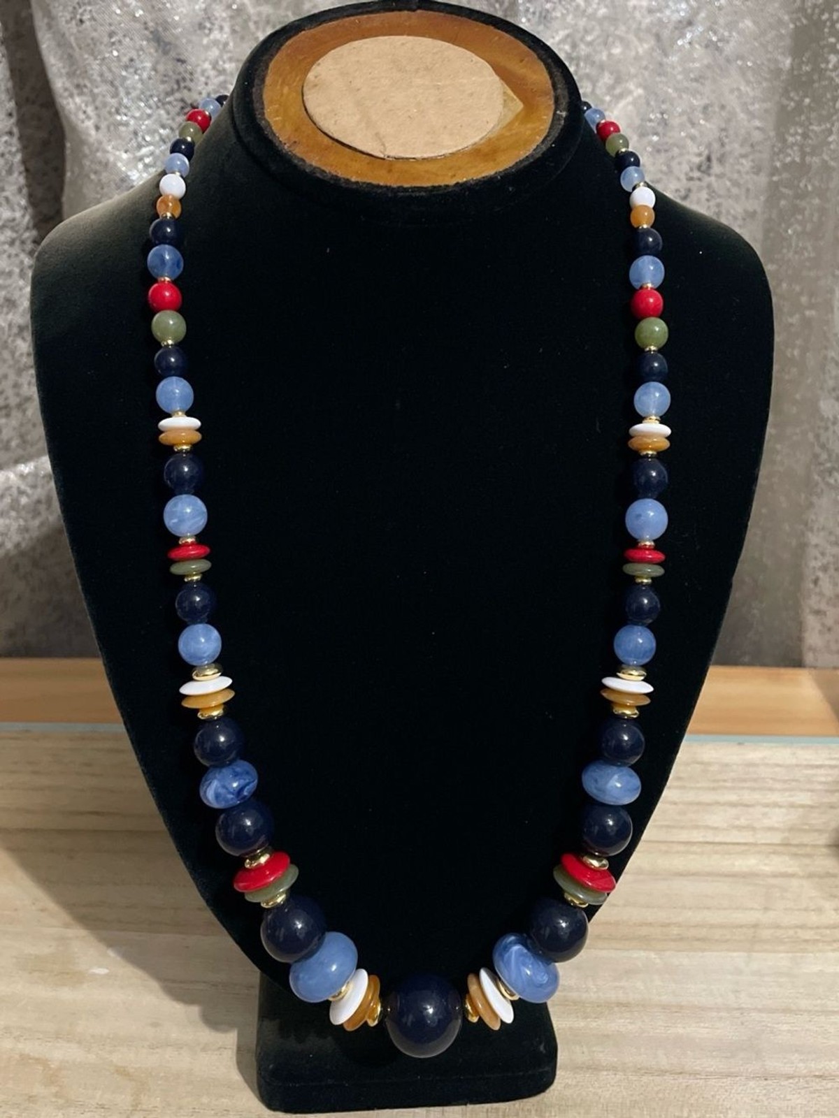 Vintage Handcrafted Multicolor Bead Necklace – Blue, Red, Green, Gold Accents