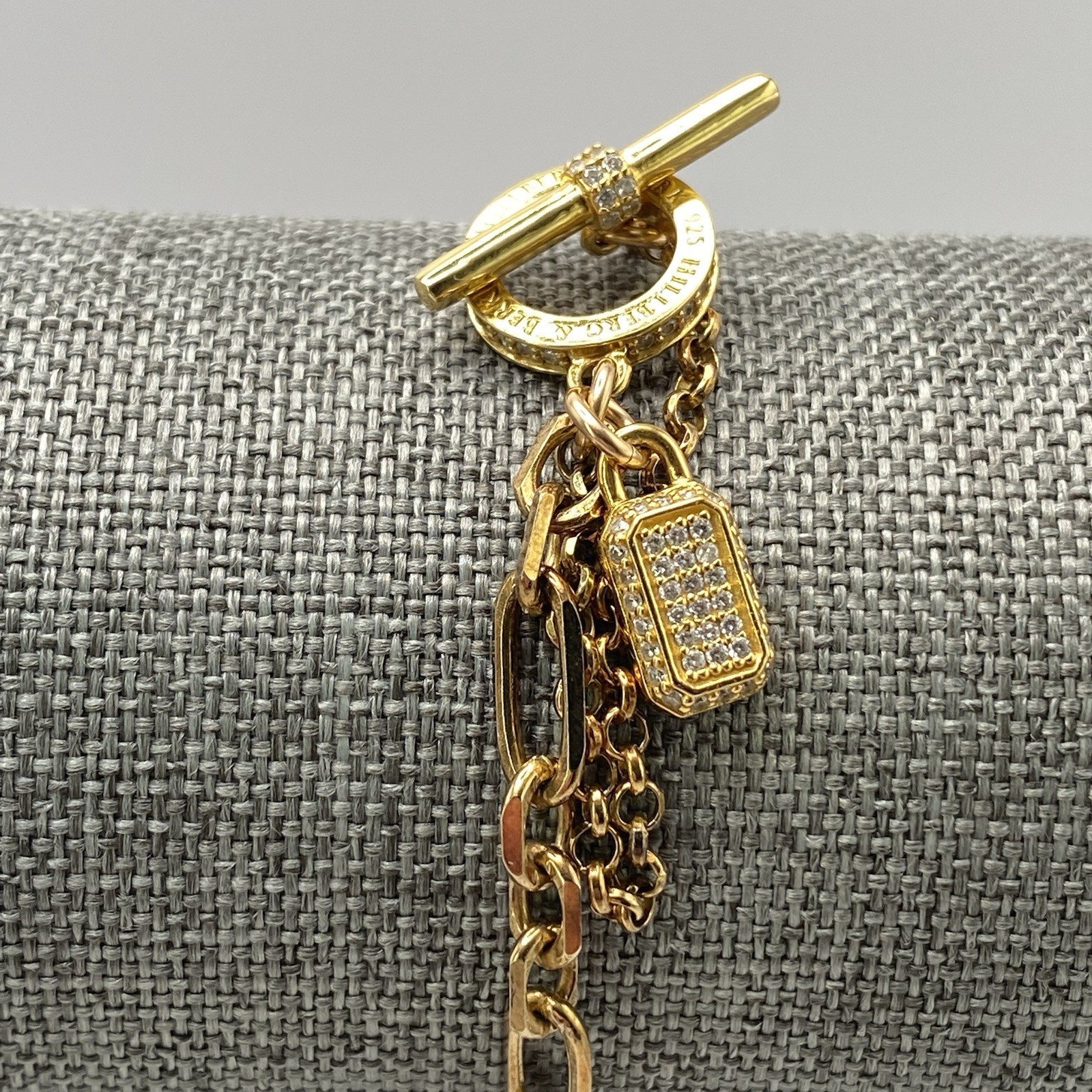 Hillberg & Berk Gemstone Bracelet 925 Gold Paper Clip Lock Charm Cubic Zirconia
