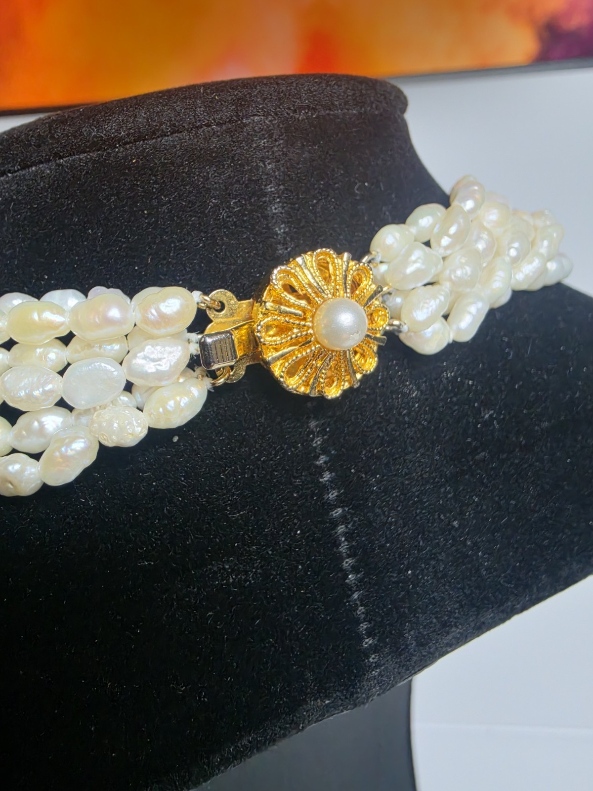 Vintage 6 Strand Freshwater Pearl and Blue Bead Necklace 21″