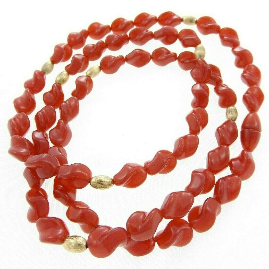 Vintage Red Twisted Plastic Beaded Necklace 30″ Hidden Clasp Long Strand String
