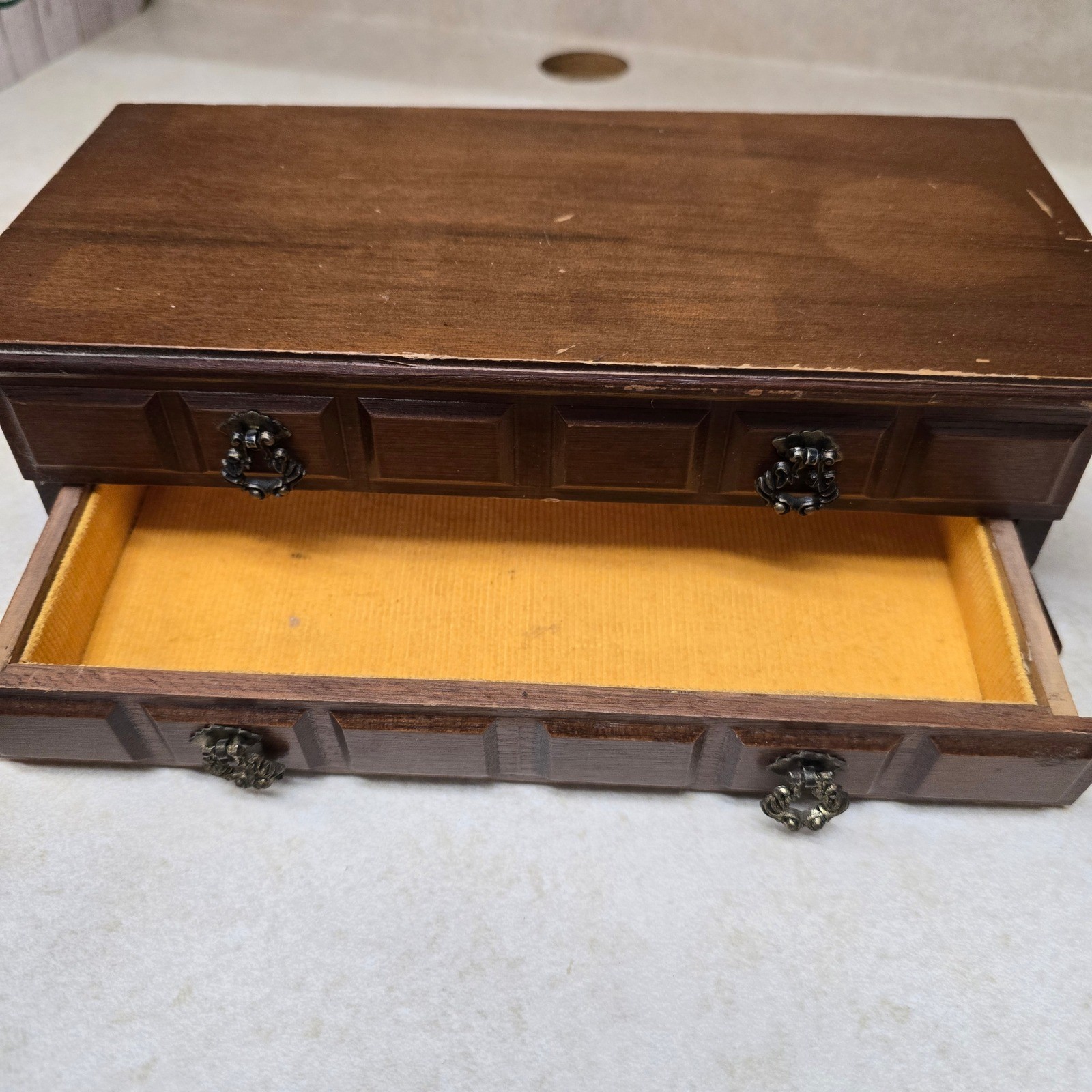 Vintage Wooden Jewelry Box Chest Mustard Yellow Corduroy Lining 2 Tier Organizer