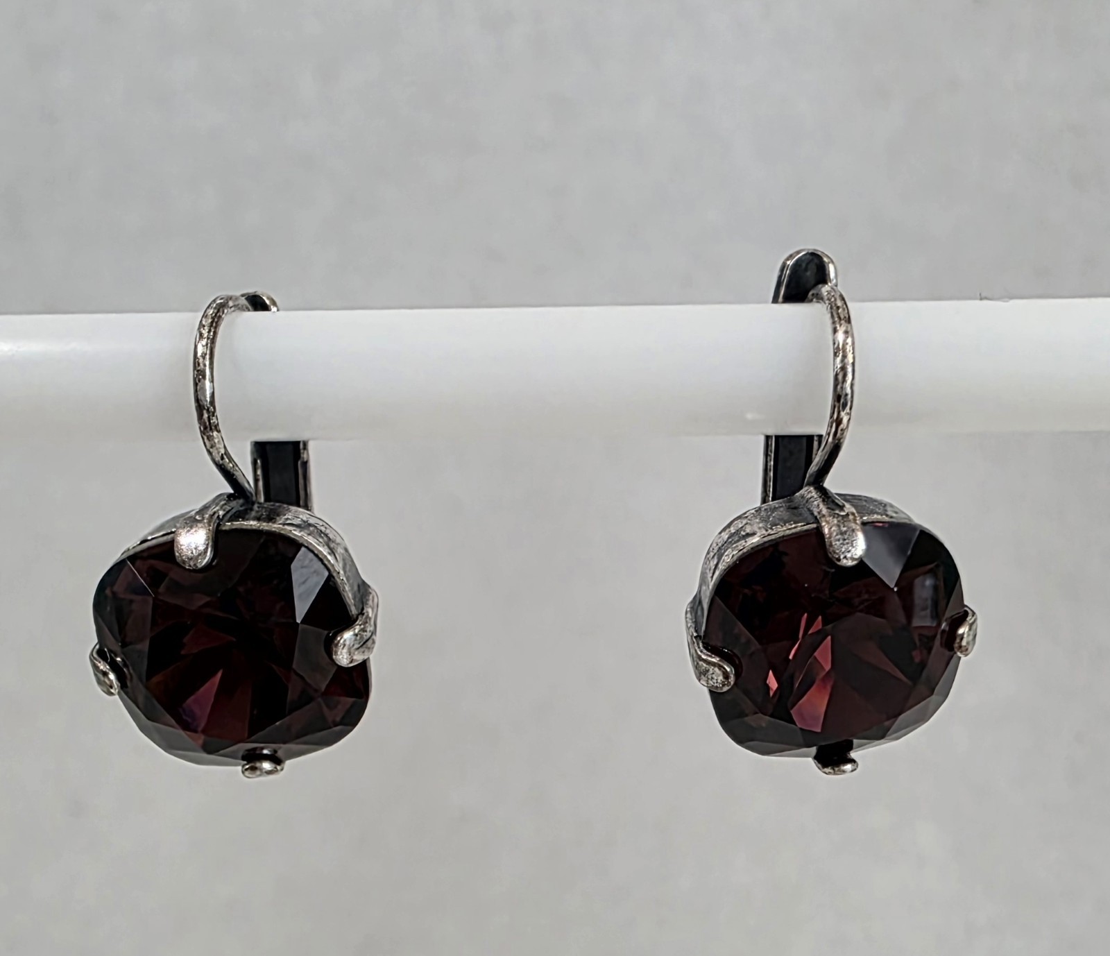Vintage Silver Tone Round Burgundy Crystal Leverback Earrings Prong Set