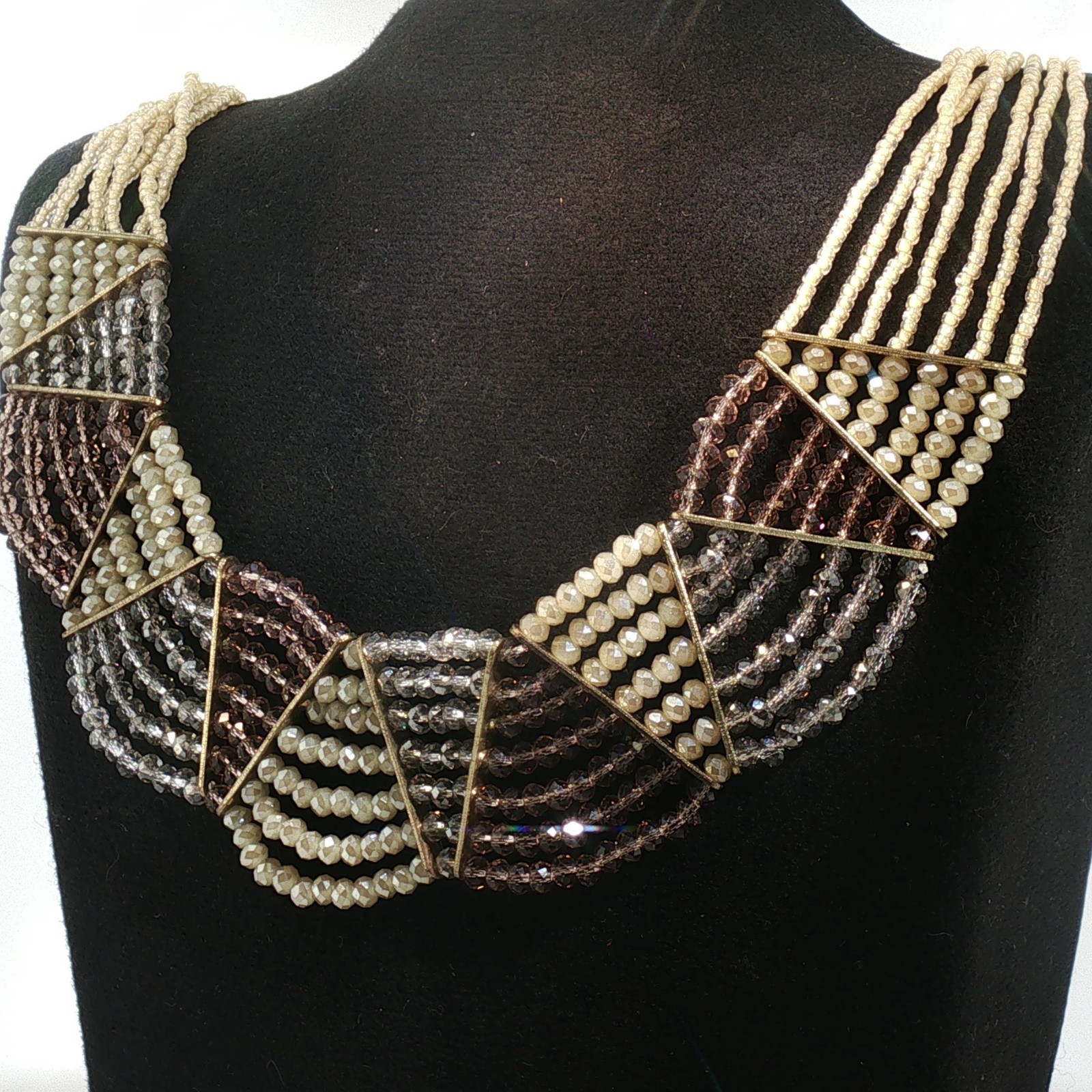 Vintage Multi-Strand Crystal Bib Necklace Gold Bronze Geometric Statement