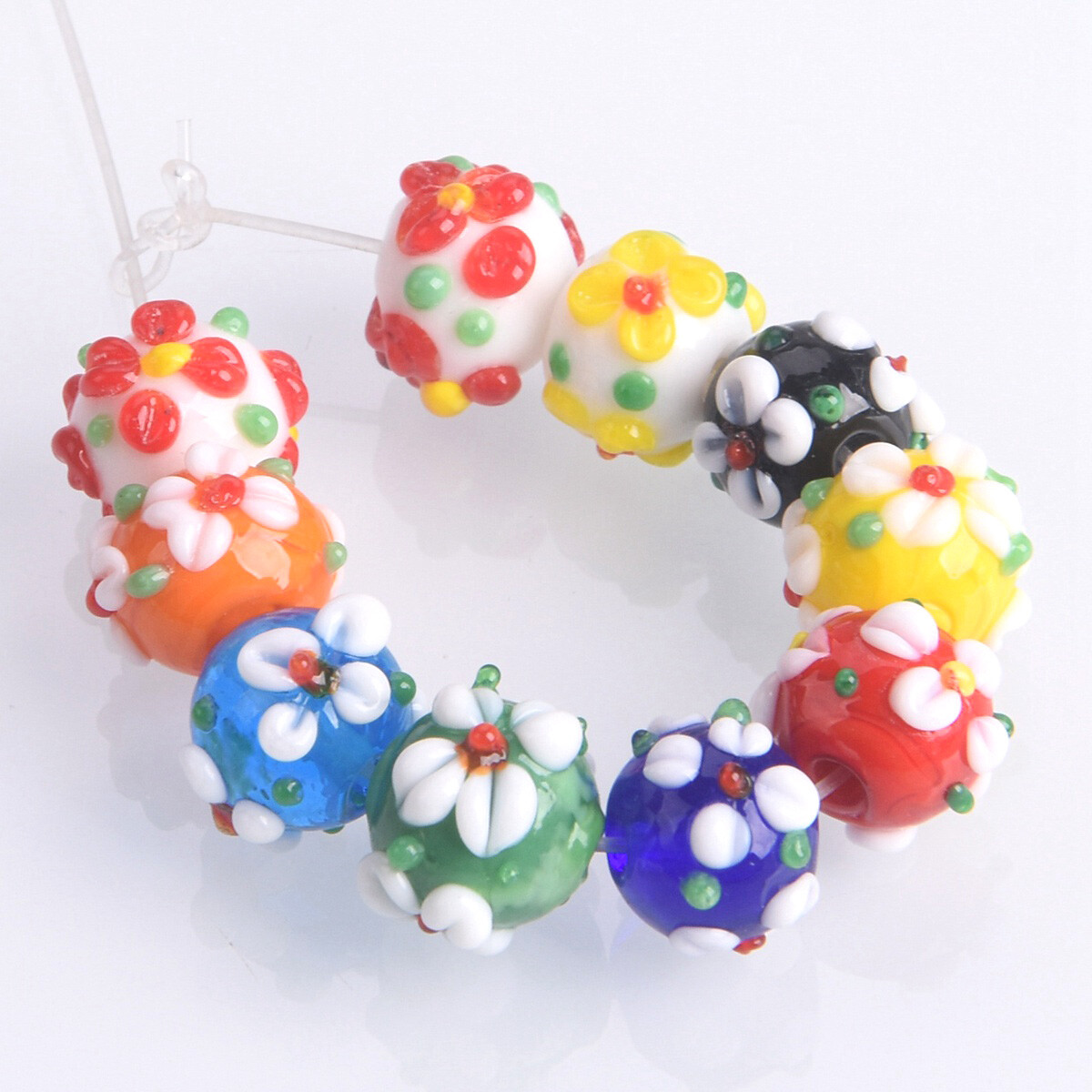 10pcs Handmade Lampwork Glass Flower Round 10mm Loose Beads DIY Jewelry Findings