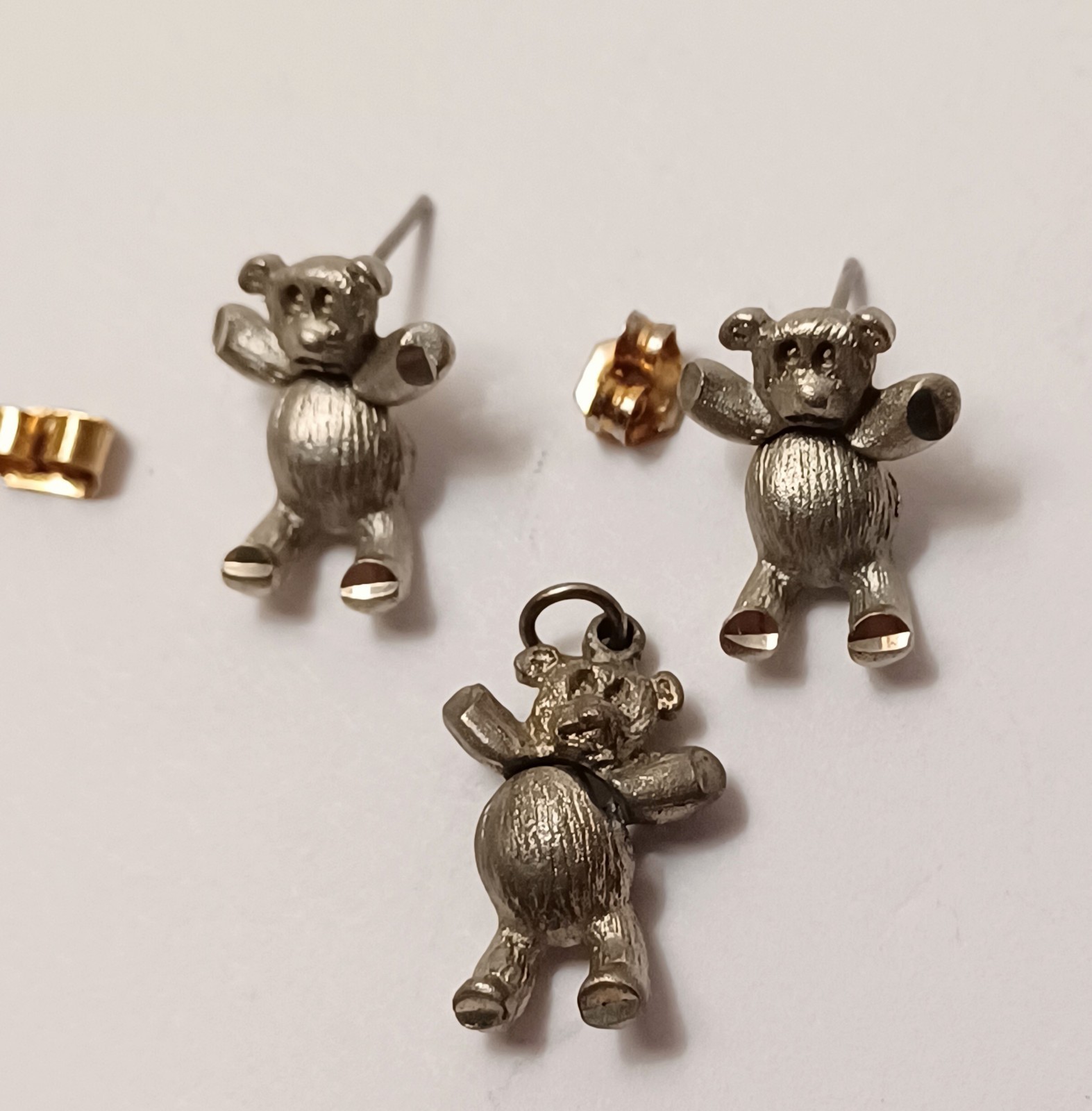 Tiny Pewter Articulated Teddy Bear Earrings & Pendant No Chain