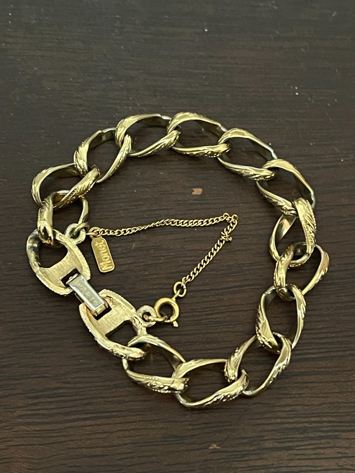Vintage Monet Bracelet Textured Gold Tone Chain Link Signed & Marked with Safety