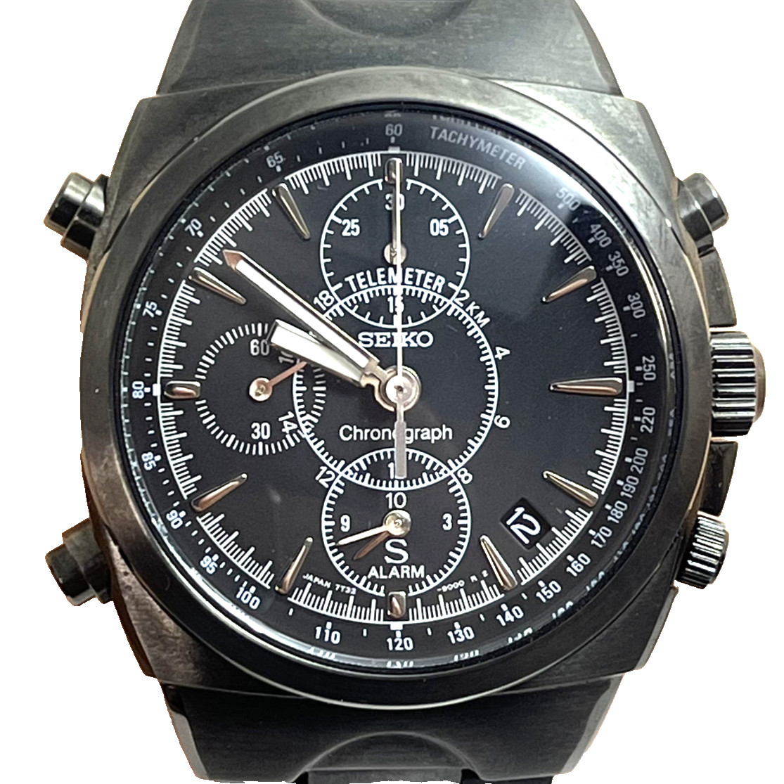 Seiko SUS Black Alarm Chronograph 7T32-9000 Quartz Japan Date Vintage Rare #743B