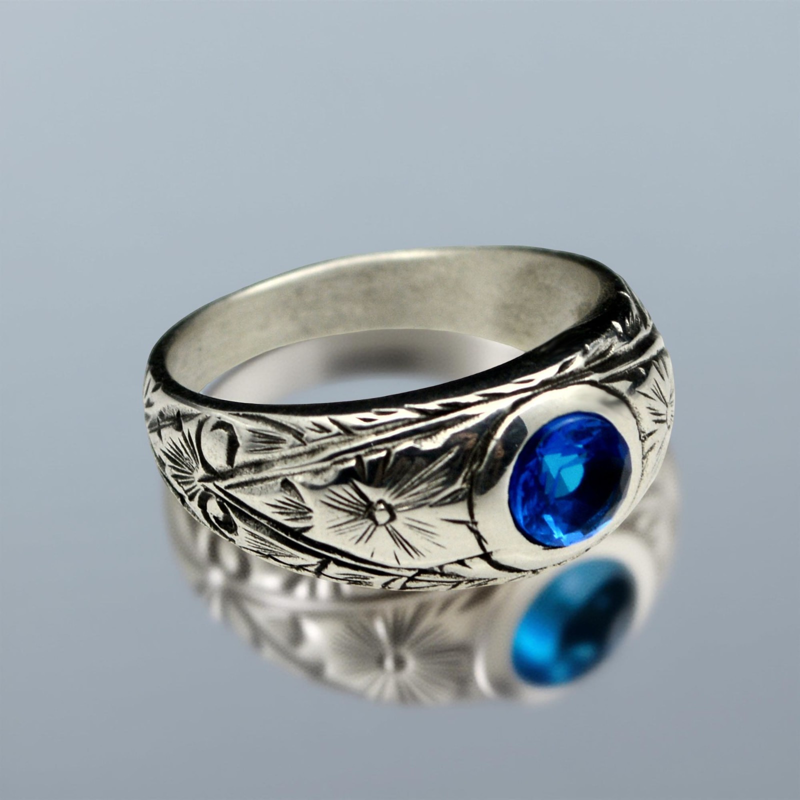 925 Sterling Silver Simulated Sapphire Men Ring Handmade Vintage Signet Band