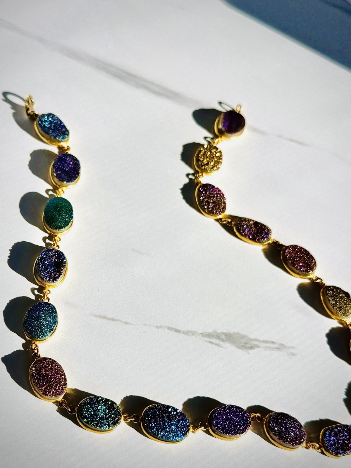 Gold Plated Sterling Silver Multi Color Druzy Link Station Necklace Rainbow New