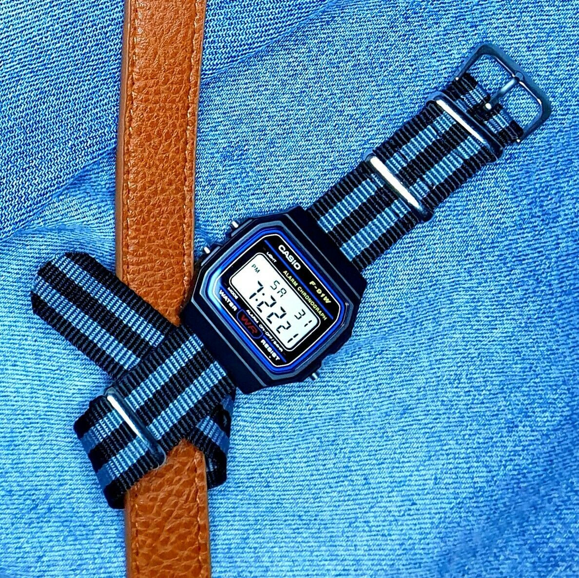 Casio F-91W Watch on a Black and Grey Ballistic Nylon Strap, F-91W-1YEF